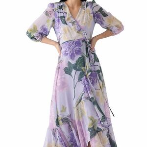 Maison Tara Purple and Yellow Floral High Low Dress